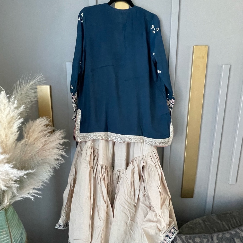 Embroidered Navy Top with Cream Sharara Skirt - Picture 5 of 12